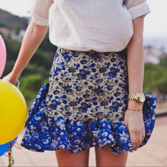 ASOS Blue Metallic Jacquard Ruffle Trumpet Skirt 4 - Picture 2 of 5